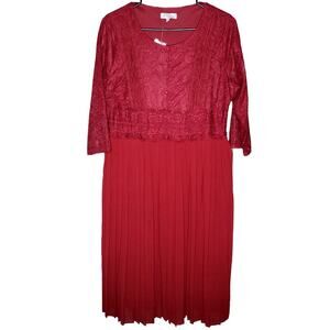 Polagram Burgundy Pleated Skirt Lace 3/4 Sleeve Knee Length Red Dress Women Sz L